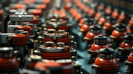 A detailed close-up shot showcasing intricate industrial machinery and equipment components in a factory setting. The image highlights precision and technology.の素材