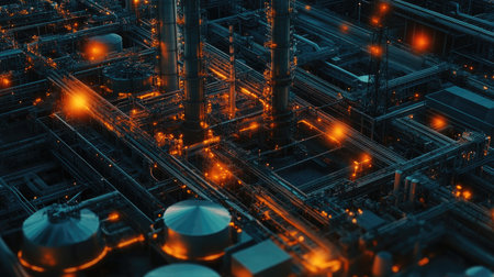 Aerial view of a sprawling industrial complex illuminated at night. The intricate network of pipes and structures highlights advanced technology in machinery and operations.の素材
