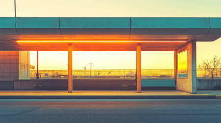 This image showcases a modern architectural structure illuminated by sunset, emphasizing clean lines and minimalistic design. A perfect backdrop for various themes.の素材