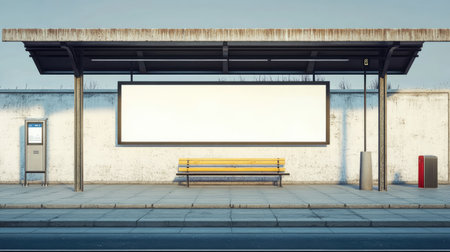 A serene urban scene featuring an empty bus stop with a blank billboard, minimalistic bench, and clear surroundings, ideal for advertising and travel-related designs.の素材