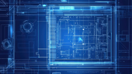A captivating blueprint background featuring intricate digital elements in shades of blue. Perfect for technology, engineering, and design projects.の素材
