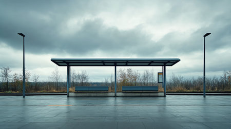 An empty bus stop under an overcast sky creates a serene atmosphere. The modern shelter with benches offers a feeling of solitude in the urban landscape.の素材