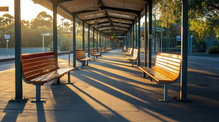A beautifully lit empty railway platform at sunrise, featuring rows of wooden benches casting long shadows. The serene scene invites a moment of tranquility in urban travel.の素材
