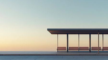 A minimalistic bus stop captured at sunrise, featuring soft colors and clean lines. The empty wait area invites tranquility and calmness in an urban setting.の素材