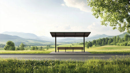 A scenic bus stop set against a beautiful landscape, featuring a bench under a simple shelter, surrounded by lush grass and distant mountains, perfect for waiting and enjoying nature.の素材