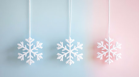 Beautiful white snowflakes hang gracefully against soft pastel backgrounds, capturing the essence of winter's charm. Ideal for seasonal themes and design.の素材