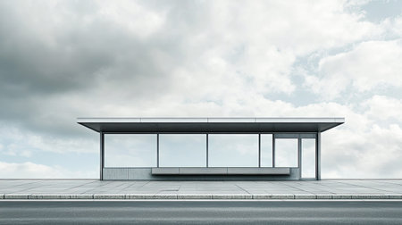 A striking modern bus stop set against a cloudy sky, featuring minimalist design and clean lines, perfect for urban and transportation themes.の素材