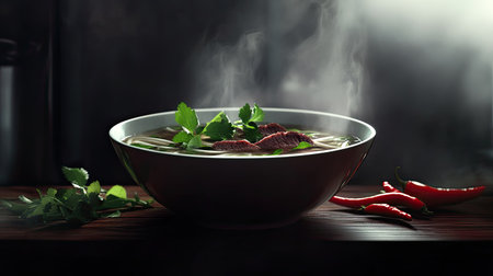 A steaming bowl of noodle soup garnished with fresh herbs and red chili peppers. Perfect for showcasing delicious culinary creations and warm meals.の素材