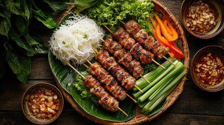 Discover a vibrant platter of grilled skewers accompanied by fresh vegetables and flavorful dipping sauces, perfect for any outdoor feast or picnic.の素材