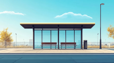 A modern bus stop featuring a sleek design with ample space, clear blue sky above, and benches for waiting passengers, ideal for urban transportation themes.の素材