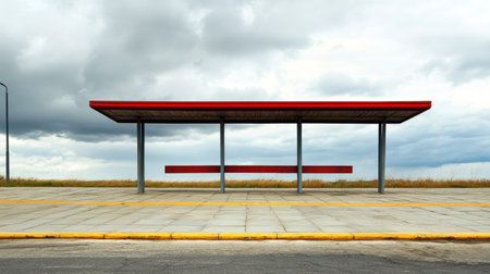 A minimalistic bus stop sits empty under a dramatic cloudy sky, showcasing a blend of modern architecture and serene urban landscape. Ideal for travel and solitude themes.の素材