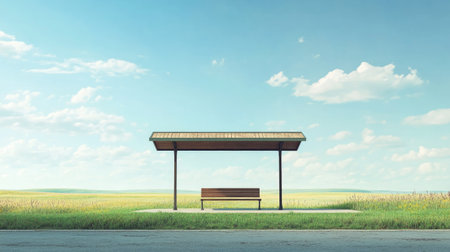 A minimalist bus stop with a wooden bench stands alone in a vast field, framed under a clear sky with soft clouds, reflecting tranquility and simplicity.の素材