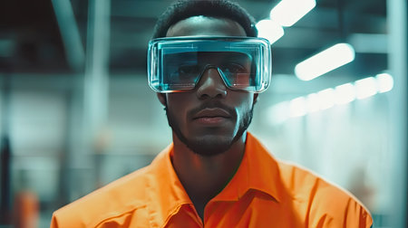 A striking portrait of a worker wearing safety gear and an orange uniform in an industrial setting. The bright colors and modern design emphasize a focus on safety and innovation.の素材
