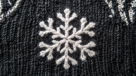 An elegant embroidered snowflake sits prominently on a dark knit background, showcasing intricate craftsmanship and a warm, inviting feel perfect for winter fashion.の素材