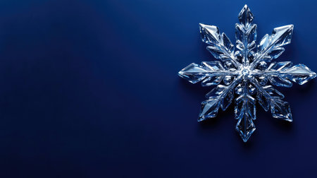 This image features an elegant crystal snowflake against a deep blue background, capturing the beauty of winter and the essence of the holiday season.の素材