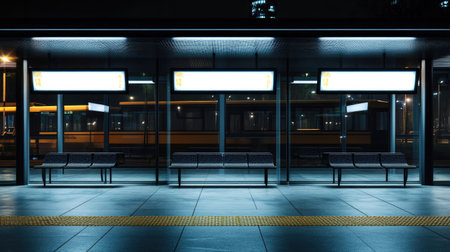A serene nighttime view of an urban transit station featuring empty benches and illuminated billboards, creating a modern and quiet atmosphere.の素材