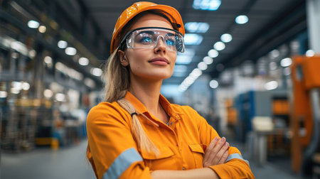 A confident woman in an industrial environment, wearing a hard hat and safety glasses. She represents professionalism and leadership in the construction sector.の素材
