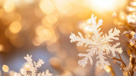 Beautiful close-up of snowflakes illuminated by warm golden light, creating a serene winter scene filled with sparkle and natural beauty.の素材