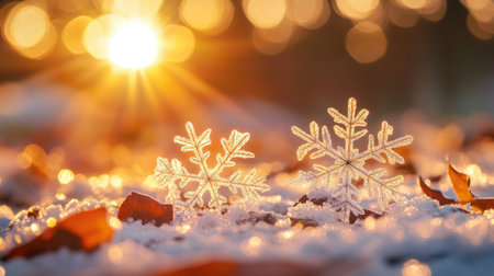 Beautiful snowflakes glisten in winter sunlight, creating a serene scene filled with frost, delicate details, and a warm, inviting atmosphere.の素材