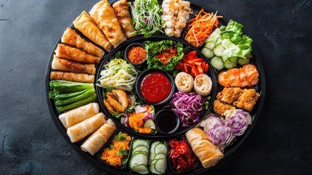 Discover a vibrant platter of Asian cuisine featuring spring rolls, sushi, and fresh vegetables, perfect for sharing at any gathering or event.の素材