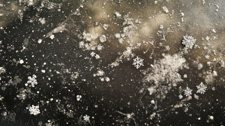 Delicate snowflakes scattered across a dark surface create a beautiful contrast. The unique patterns highlight the serene beauty of winter's touch in nature.の素材