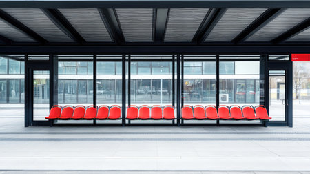 A contemporary bus station featuring a minimalist design with red seating. The empty space highlights urban architecture and efficient transit solutions.の素材