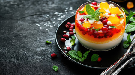 A vibrant dessert featuring layers of creamy yogurt and colorful fruits, garnished with mint leaves, perfect for a refreshing treat during any occasion.の素材