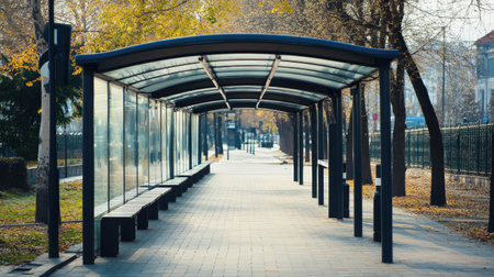 An empty bus stop in an urban setting showcases modern design under clear skies. Autumn leaves surround the area, creating a peaceful atmosphere.の素材