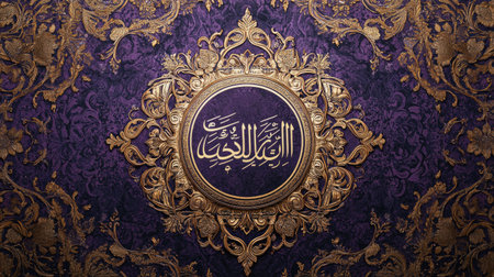 This stunning piece features elegant Arabic calligraphy framed in an ornate gold design, set against a rich purple background, showcasing luxury and tradition.の素材