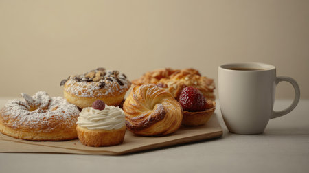 A delightful arrangement of fresh pastries and coffee, perfect for a cozy morning scene. Experience the warmth and sweetness in this inviting setup.の素材