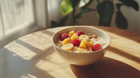 A vibrant breakfast bowl featuring fresh fruits and granola, beautifully arranged on a wooden table with soft morning light and shadows. Perfect for healthy eating.の素材