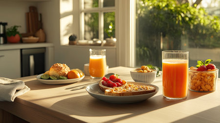 A vibrant breakfast scene featuring fresh fruits, juices, and toast, beautifully arranged on a wooden table, illuminated by morning sunlight, creating a warm and inviting atmosphere for a healthy meal.の素材