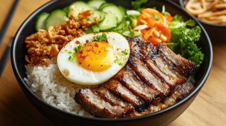 A vibrant bowl filled with grilled meat, fresh vegetables, and a perfectly cooked egg offers a delicious and nutritious meal option for any time of day.の素材