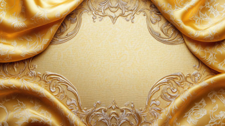 Stunning golden background featuring ornate detailing and a silk texture. Ideal for elegant invitations, event themes, or artistic presentations.の素材
