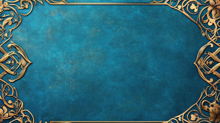 Discover a stunning turquoise background adorned with an ornate golden border, perfect for invitations, presentations, or creative projects.の素材