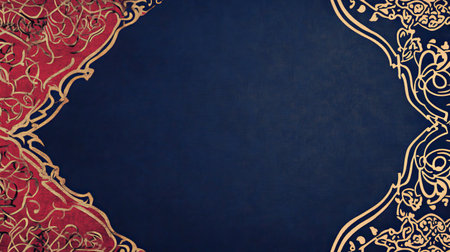 This elegant decorative background features rich colors of blue, red, and gold, perfect for capturing attention in promotional materials or print designs.の素材