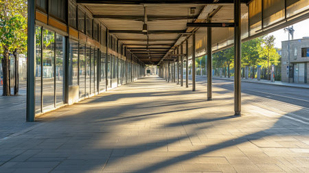 A serene urban walkway highlighting clean lines and soft shadows during the early morning light, inviting exploration and tranquility in a bustling city.の素材