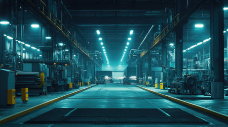 A modern industrial warehouse interior featuring dramatic lighting and an expansive layout. The space showcases advanced machinery and an organized environment.の素材