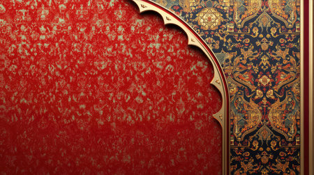 This ornate background features a rich red hue paired with intricate gold patterns, perfect for elegant design projects and decorative applications.の素材