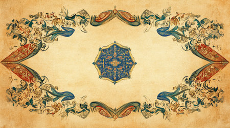 Discover an ornate decorative border featuring intricate patterns and vibrant colors ideal for backgrounds, art projects, or as a design element.の素材