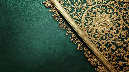 A luxurious gold design on a rich green background, showcasing intricate patterns and details that add elegance and charm to any setting.の素材