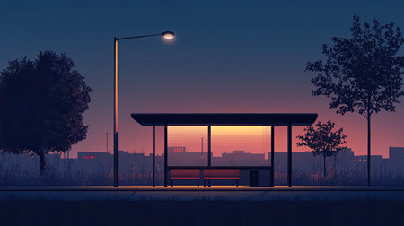 A tranquil bus stop scene captured at dusk, featuring soft ambient lighting and silhouettes of trees, creating a serene urban atmosphere.の素材