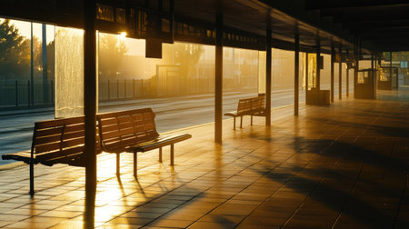 A serene morning scene at an empty train station, illuminated by golden sunlight. The benches cast long shadows, evoking a sense of calm and solitude.の素材