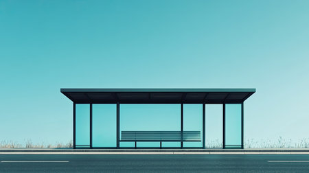 A minimalist bus stop sits in solitude under a vast blue sky, capturing the essence of modern design and urban tranquility, perfect for travel themes.の素材