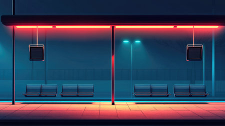 A futuristic bus stop featuring glowing neon lights at night, showcasing a minimalist urban design. The scene captures a tranquil atmosphere and modern aesthetics, perfect for visual storytelling.の素材