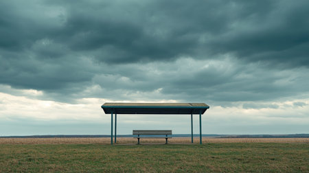 A lonely bus stop with a bench sits beneath a dramatic sky filled with dark clouds, surrounded by vast fields, evoking a sense of solitude and calmness.の素材