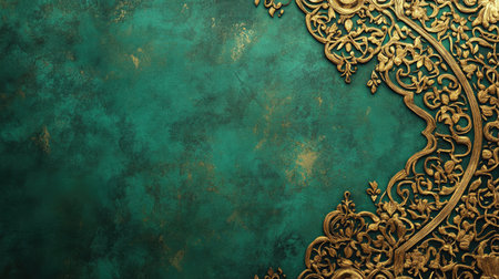 A stunning golden floral design embellishes a rich teal background, creating an elegant and luxurious atmosphere perfect for artistic projects and interior styling.の素材