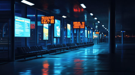 A quiet bus station at night featuring empty benches and illuminated digital displays. The scene captures a modern urban environment with soft lighting and reflections.の素材