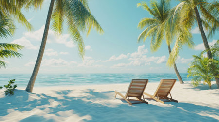Relax on a tranquil tropical beach featuring palm trees and sun loungers. Enjoy the serene ocean views and bright blue sky in this perfect getaway.の素材