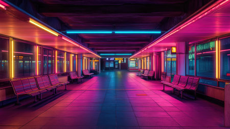 A stunning view of an empty train station illuminated with vibrant neon lights. The modern architecture creates a visually striking atmosphere perfect for urban exploration.の素材